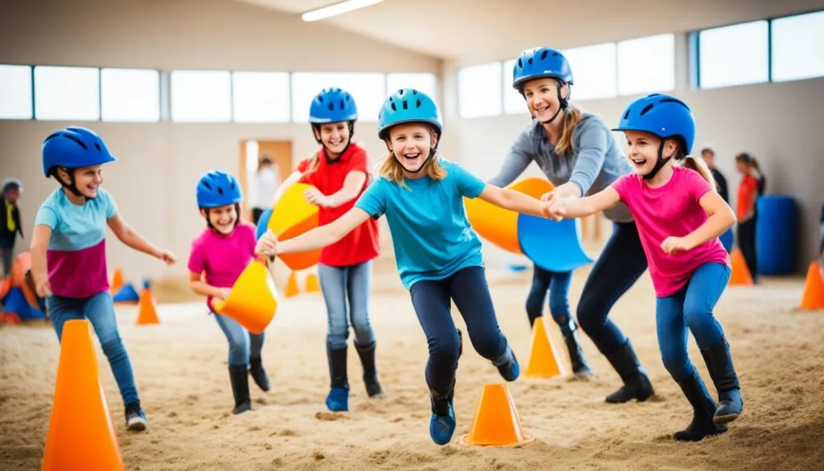 Enfants pratiquant l'équitation sans cheval